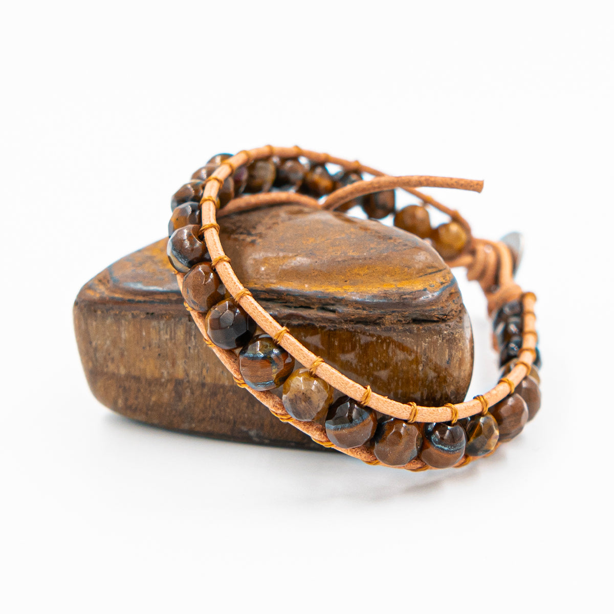 Pierre oeil de tigre brut - Bracelet FELID en pierres naturelles d'oeil de tigre et cuir - SLOYA